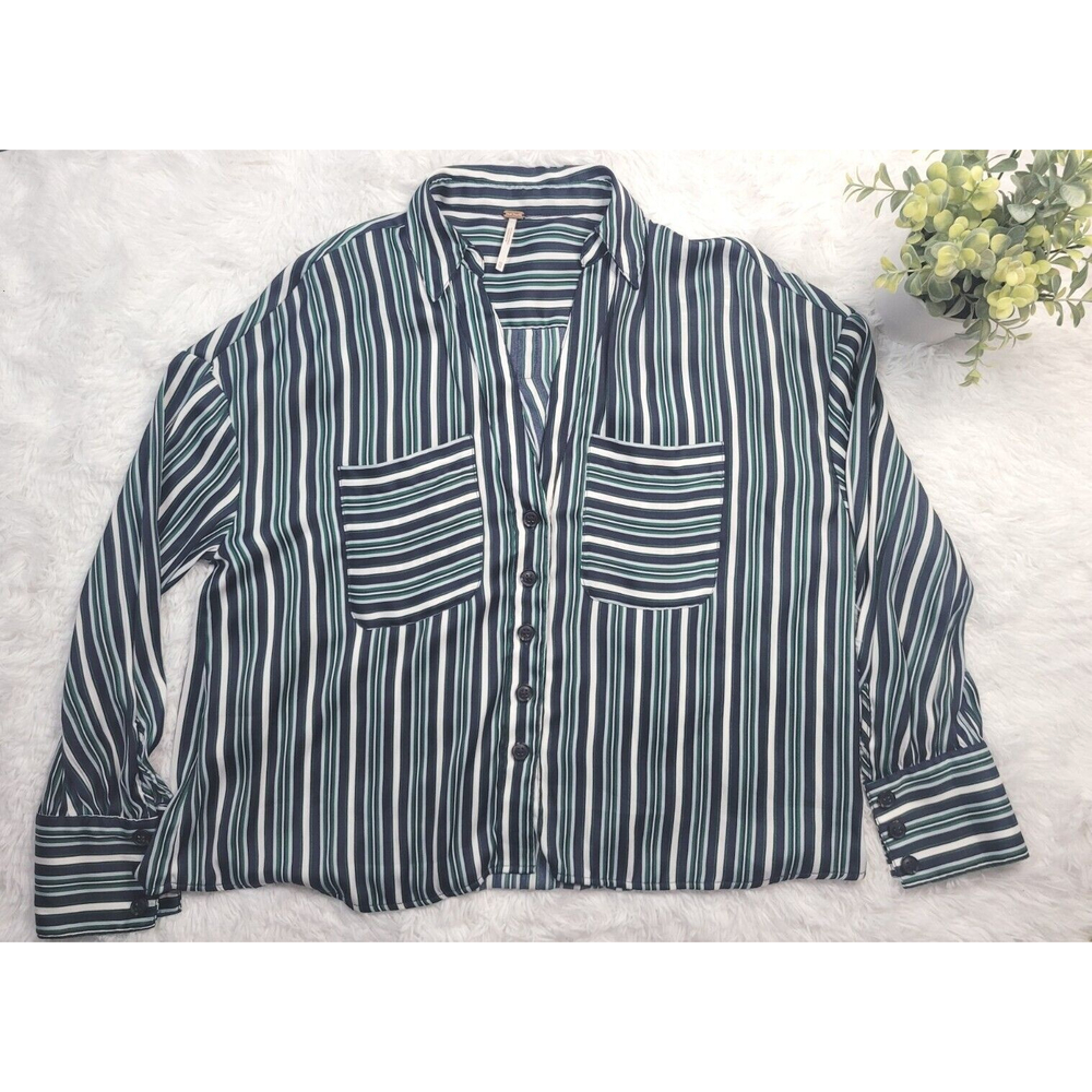 [291] Free People Women's Size XS Navy Blue Green White Stripped Blouse